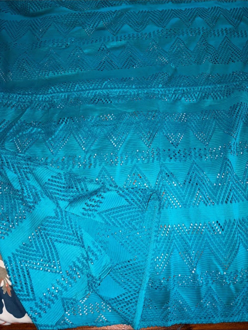 Women’s Teal Crochet Beach Cover-Up with Neon Tassel Drawstring - Picture 9 of 10